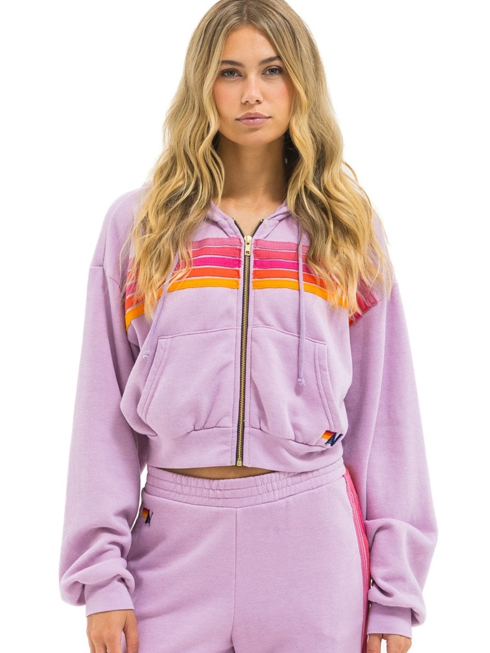 AVIATOR NATION STRIPE CROPPED ZIP HOODIE
RELAXED - MAUVE // MAGENTA // ORANGE